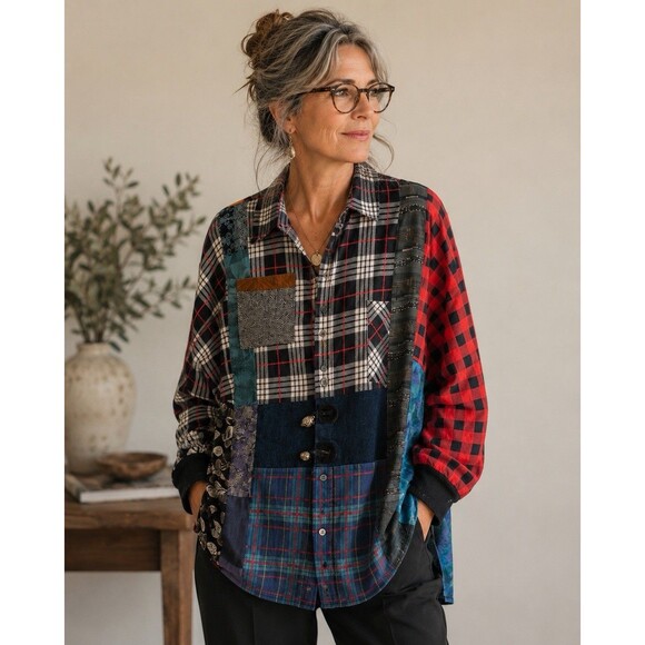Lee Andersen Tops - Vintage Lee Andersen Patchwork Wearable Art Shirt Jacket Boho Artsy Y2K